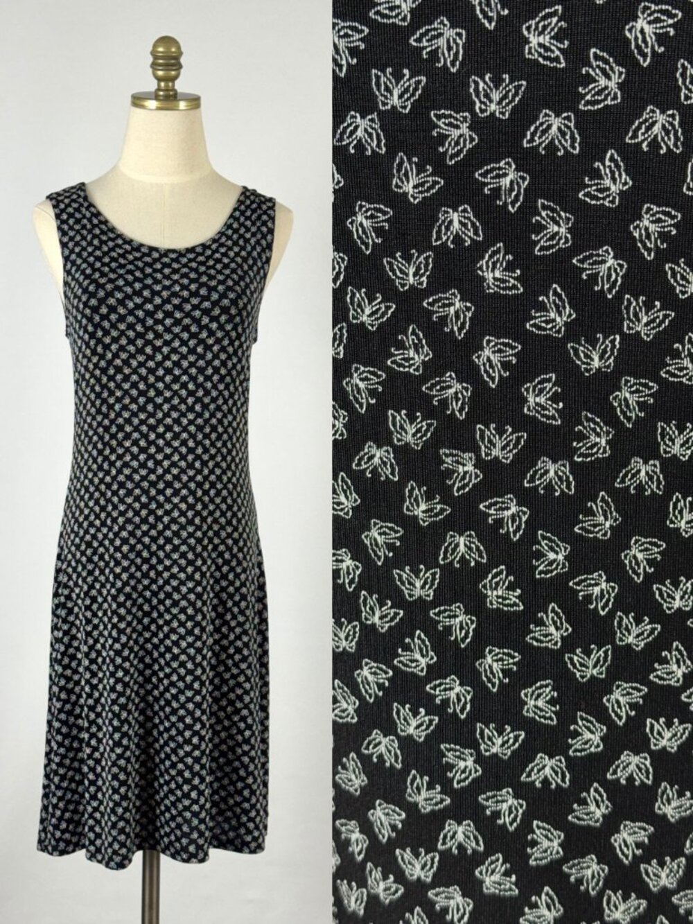 Vtg 90s Black & White Butterfly Tank Dress Stretch Liquid Knit Whimsigoth Grunge